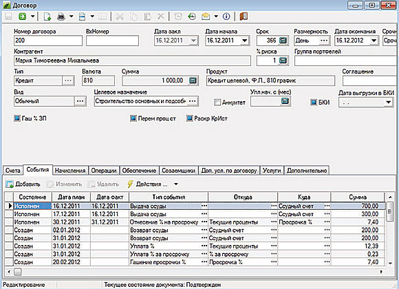 План событий по текущему договору после выноса на просрочку