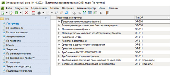 Список элементов резервирования в разрезе групп